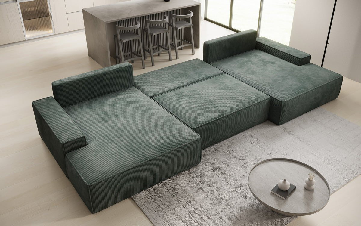 Canapé design Verona U avec une large ottomane, fonction couchage et espace de rangement, en Côtelé