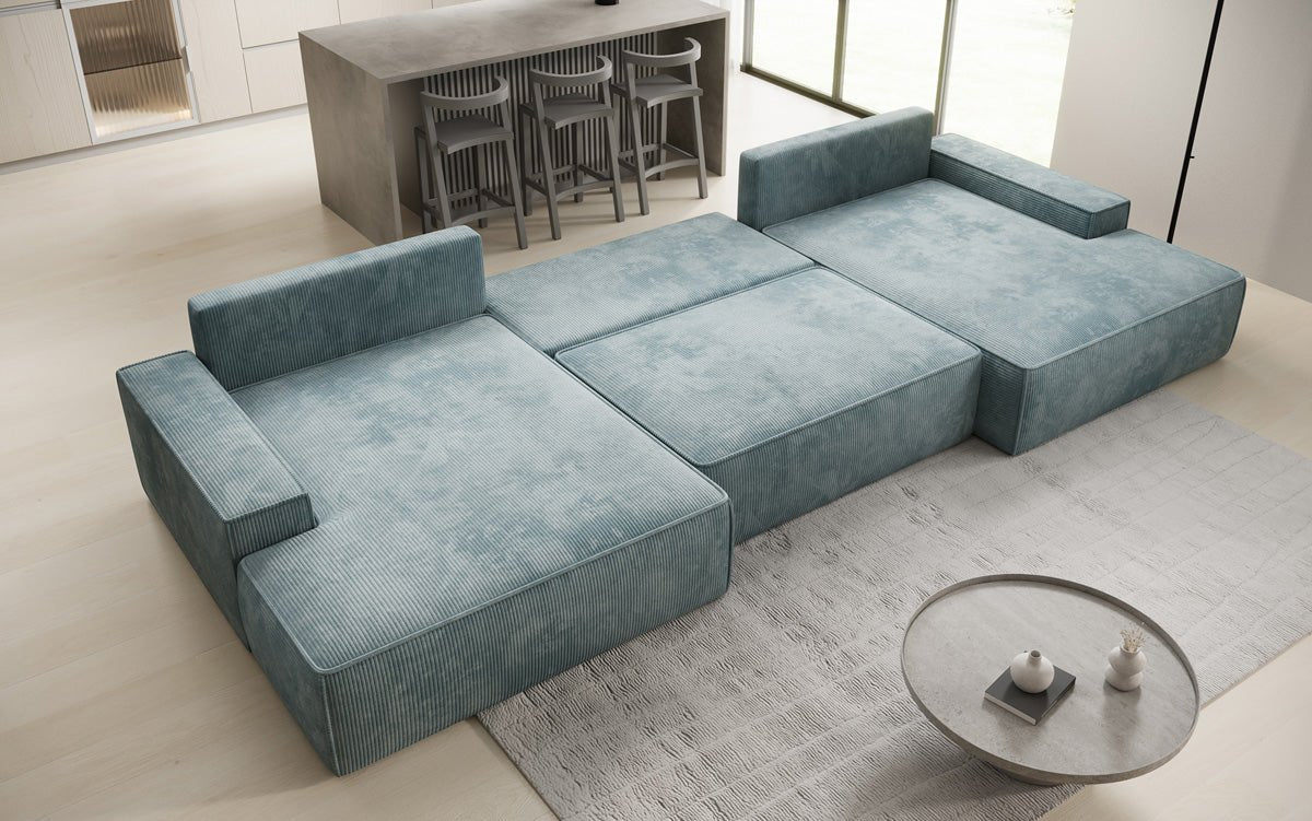 Canapé design Verona U avec une large ottomane, fonction couchage et espace de rangement, en Côtelé