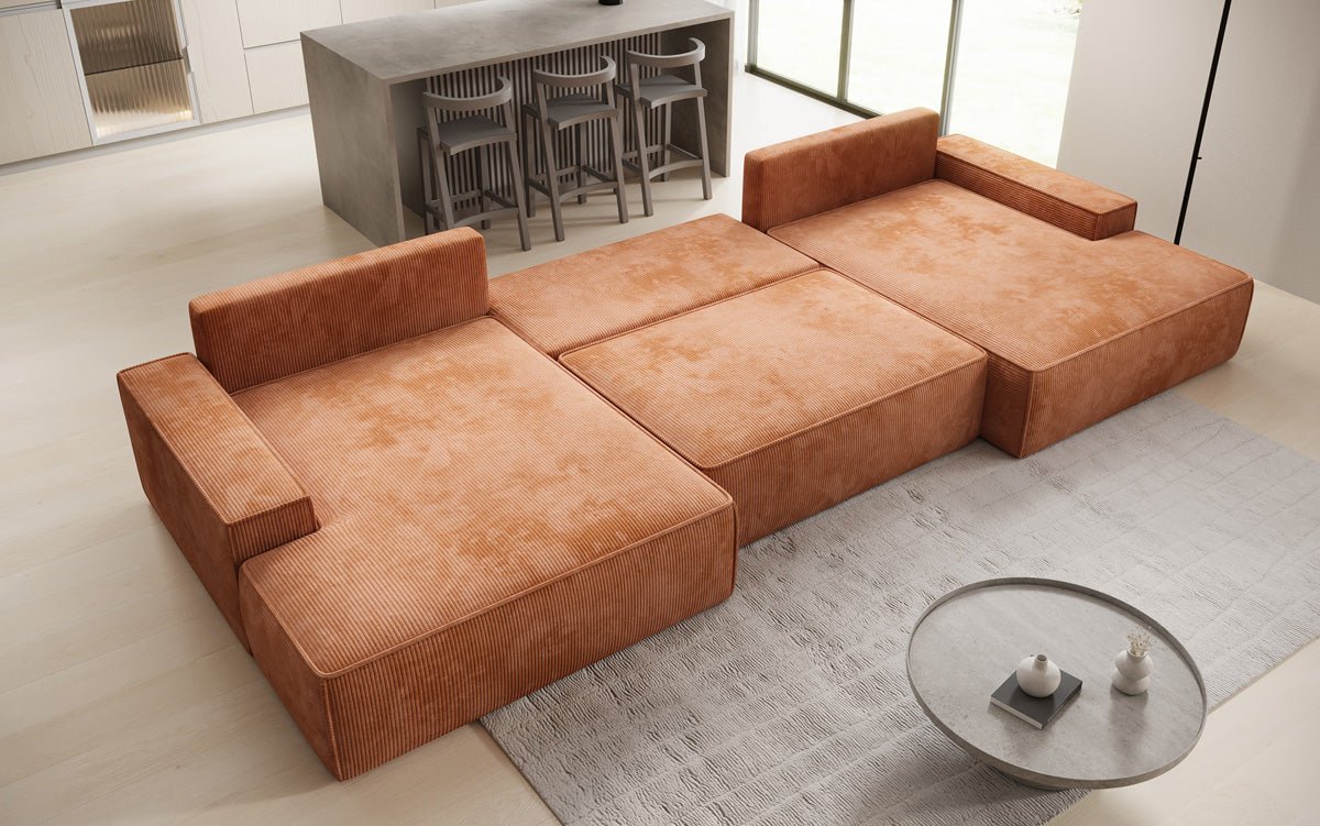 Canapé design Verona U avec une large ottomane, fonction couchage et espace de rangement, en Côtelé
