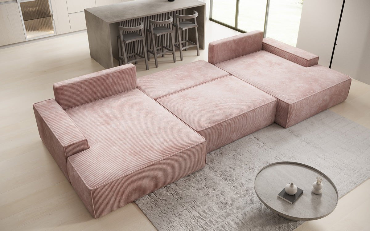Canapé design Verona U avec une large ottomane, fonction couchage et espace de rangement, en Côtelé