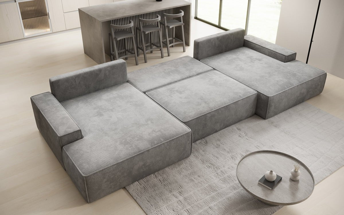 Canapé design Verona U avec une large ottomane, fonction couchage et espace de rangement, en Côtelé