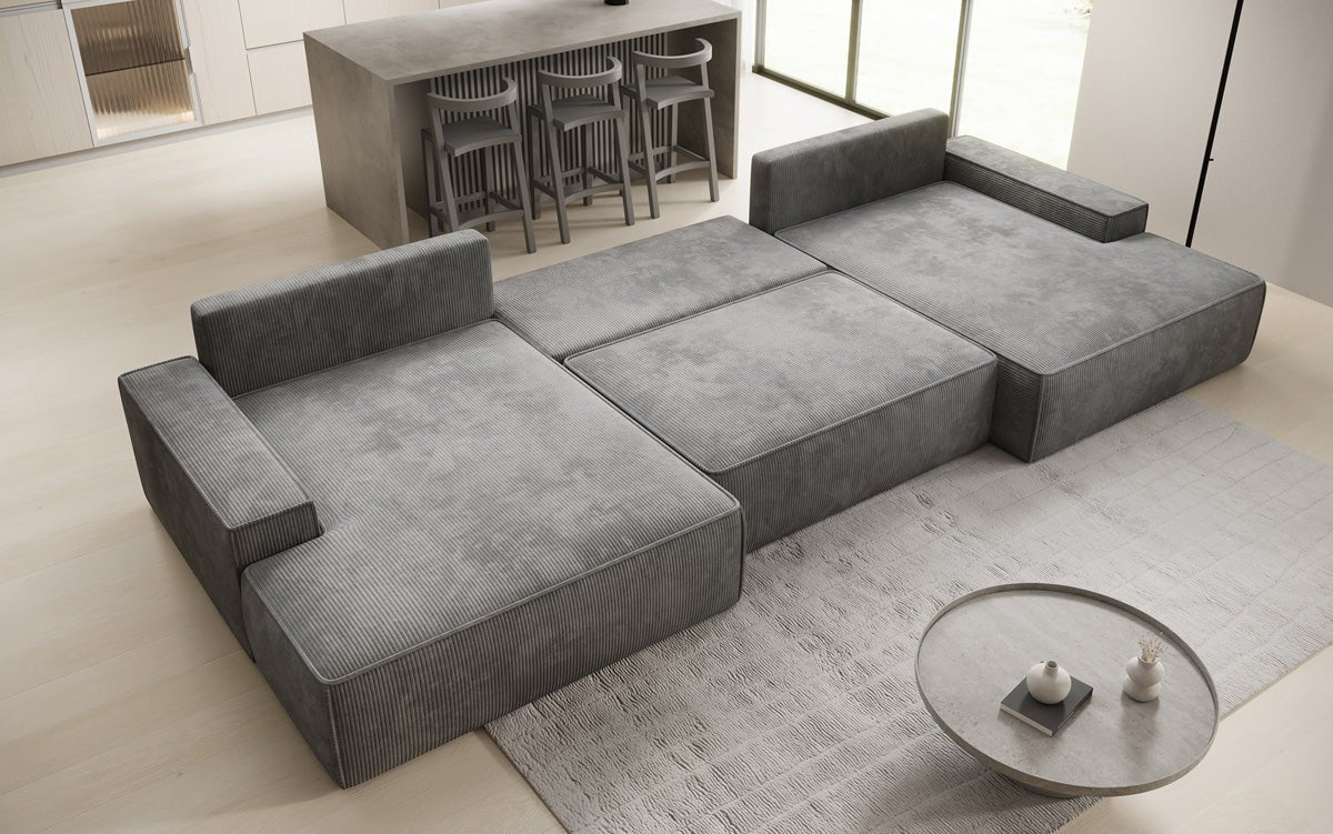 Canapé design Verona U avec une large ottomane, fonction couchage et espace de rangement, en Côtelé
