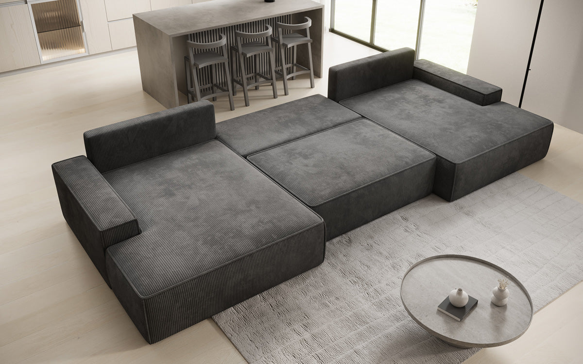 Canapé design Verona U avec une large ottomane, fonction couchage et espace de rangement, en Côtelé
