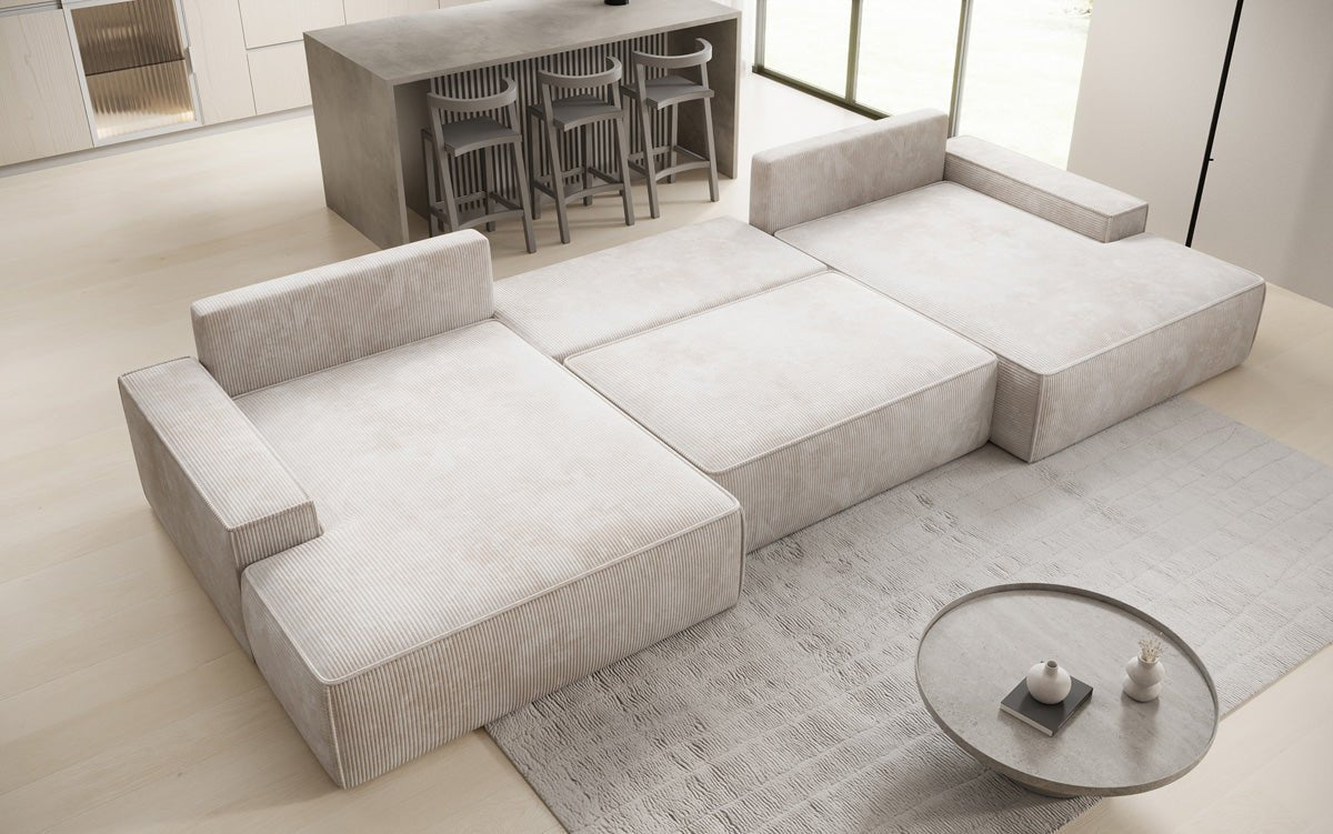 Canapé design Verona U avec une large ottomane, fonction couchage et espace de rangement, en Côtelé