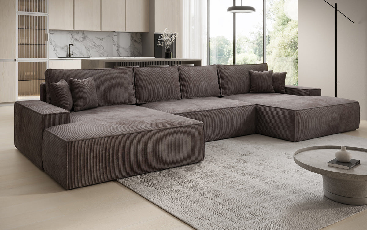 Canapé design Verona U avec une large ottomane, fonction couchage et espace de rangement, en Côtelé