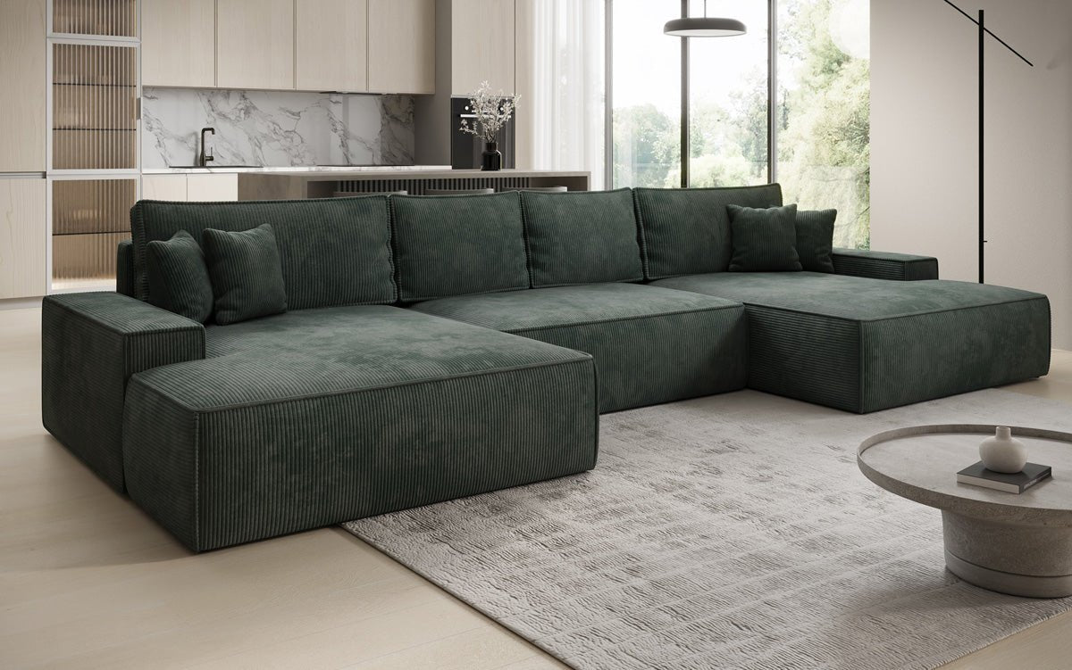 Canapé design Verona U avec une large ottomane, fonction couchage et espace de rangement, en Côtelé