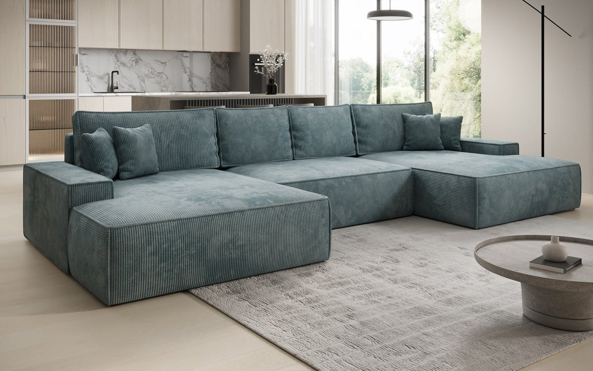 Canapé design Verona U avec une large ottomane, fonction couchage et espace de rangement, en Côtelé