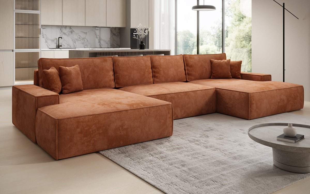 Canapé design Verona U avec une large ottomane, fonction couchage et espace de rangement, en Côtelé