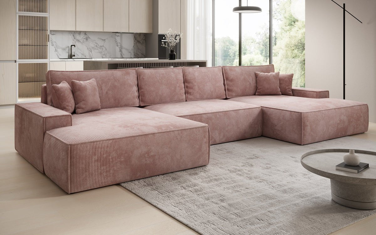 Canapé design Verona U avec une large ottomane, fonction couchage et espace de rangement, en Côtelé