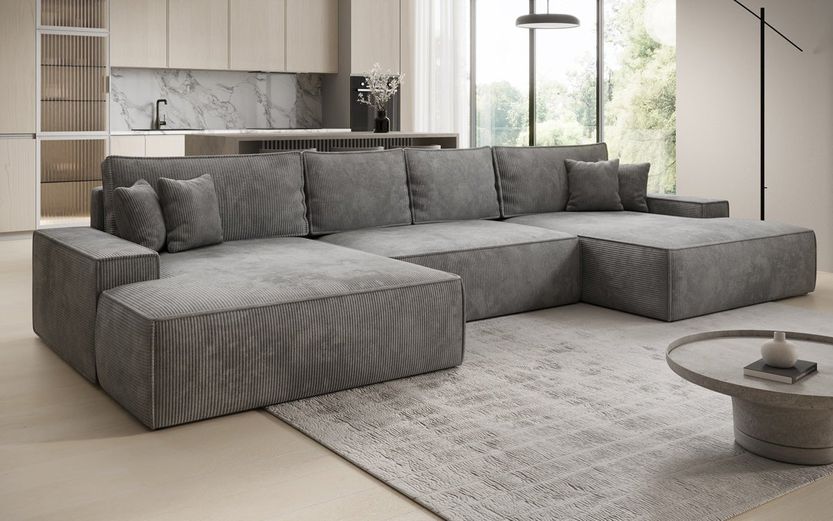 Canapé design Verona U avec une large ottomane, fonction couchage et espace de rangement, en Côtelé
