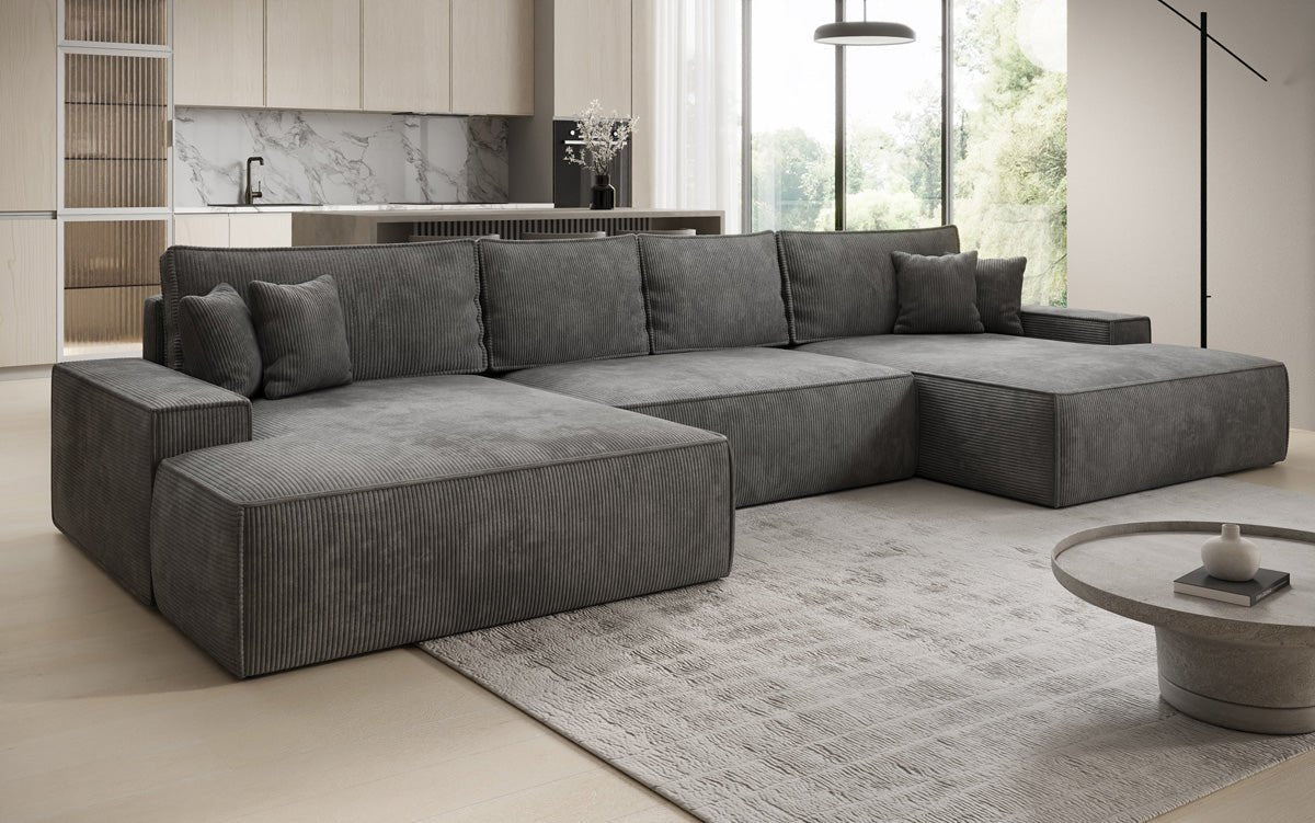 Canapé design Verona U avec une large ottomane, fonction couchage et espace de rangement, en Côtelé