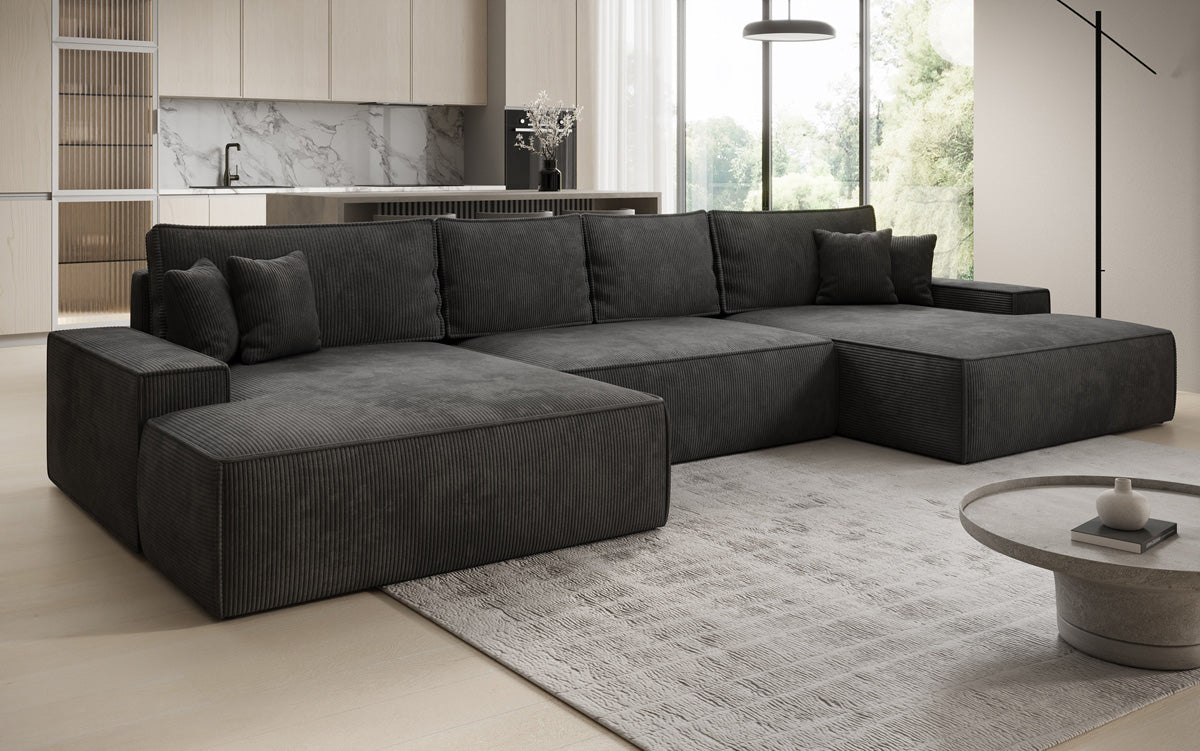 Canapé design Verona U avec une large ottomane, fonction couchage et espace de rangement, en Côtelé