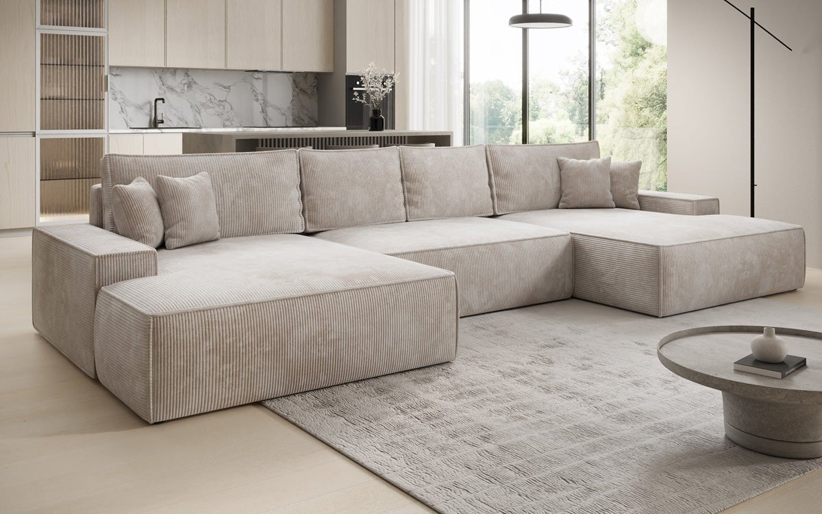 Canapé design Verona U avec une large ottomane, fonction couchage et espace de rangement, en Côtelé