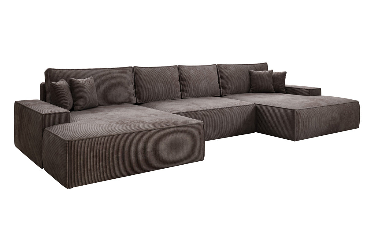 Canapé design Verona U avec une large ottomane, fonction couchage et espace de rangement, en Côtelé