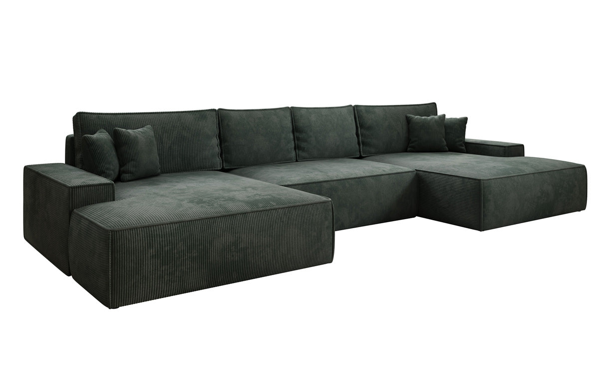 Canapé design Verona U avec une large ottomane, fonction couchage et espace de rangement, en Côtelé