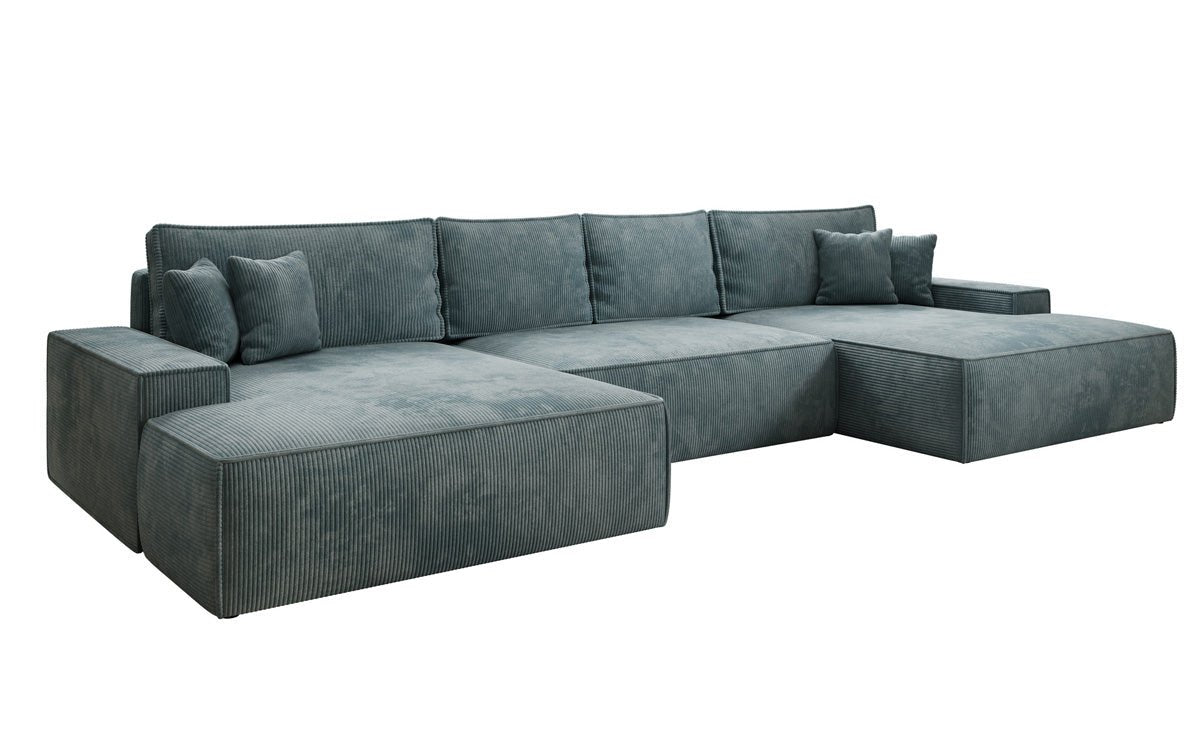 Canapé design Verona U avec une large ottomane, fonction couchage et espace de rangement, en Côtelé