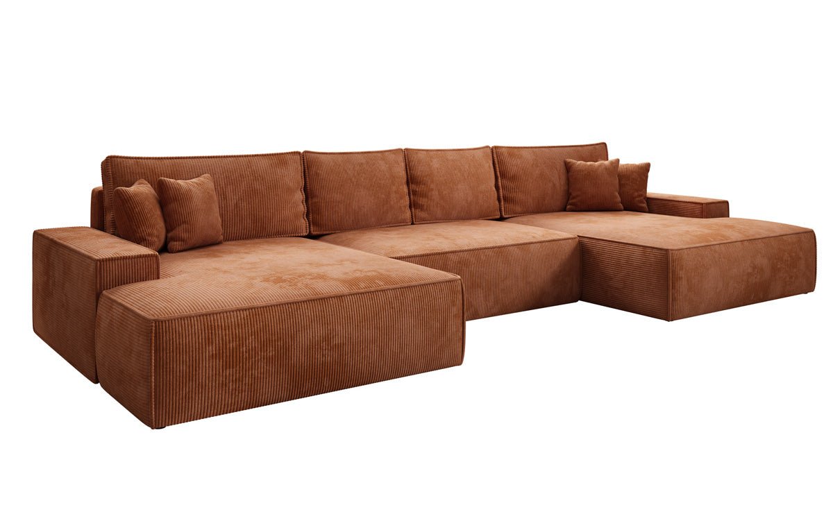 Canapé design Verona U avec une large ottomane, fonction couchage et espace de rangement, en Côtelé