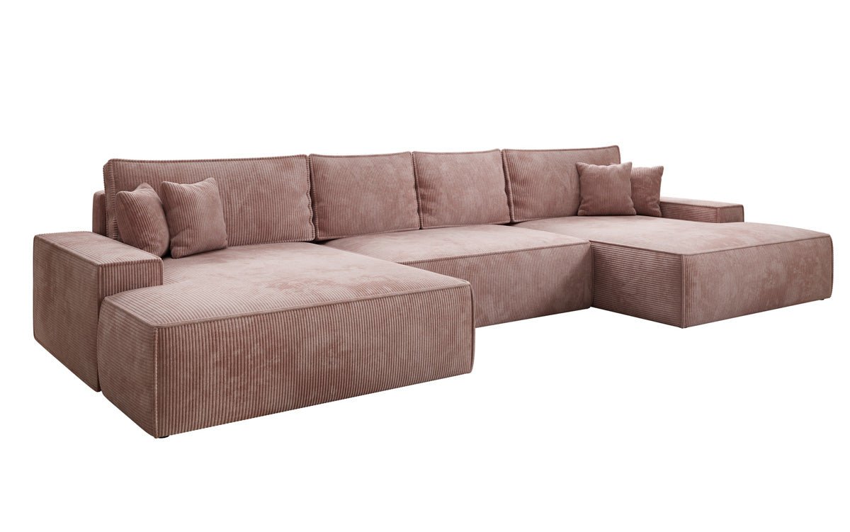 Canapé design Verona U avec une large ottomane, fonction couchage et espace de rangement, en Côtelé
