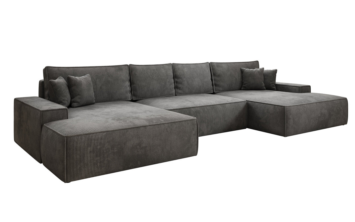 Canapé design Verona U avec une large ottomane, fonction couchage et espace de rangement, en Côtelé