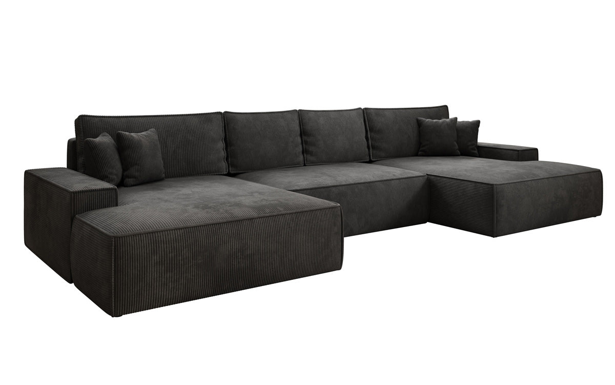 Canapé design Verona U avec une large ottomane, fonction couchage et espace de rangement, en Côtelé