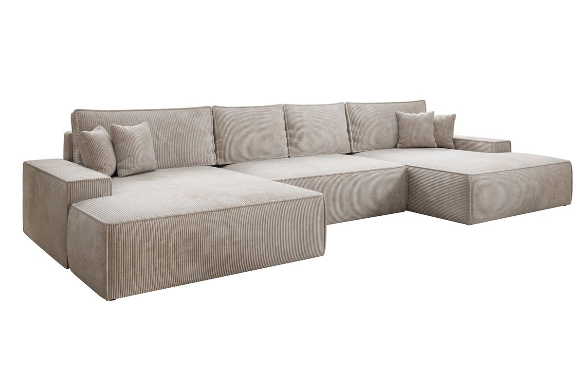 Canapé design Verona U avec une large ottomane, fonction couchage et espace de rangement, en Côtelé