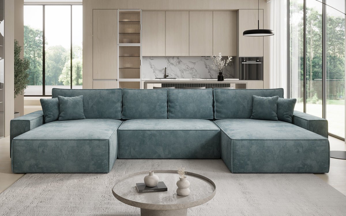 Canapé design Lunaro U avec fonction couchage et espace de rangement en Côtelé