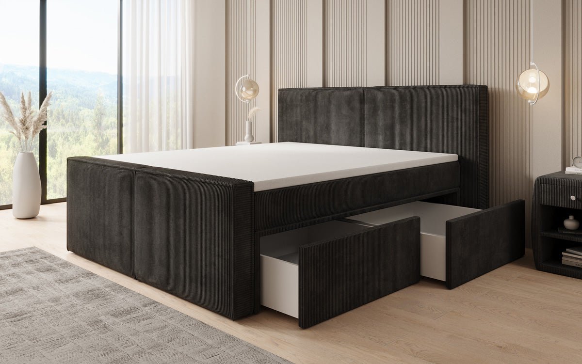 Lit boxspring Ophelia II avec tiroirs en côtelé