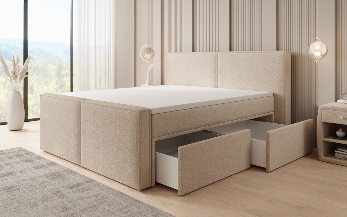 Lit boxspring Ophelia II avec tiroirs en Peluche Bouclé