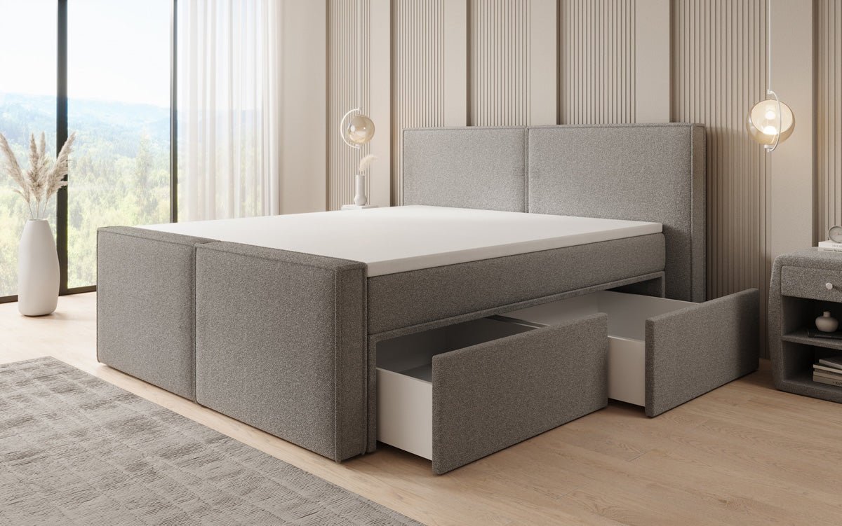 Lit boxspring Ophelia II avec tiroirs en Peluche Bouclé