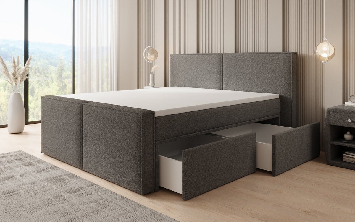 Lit boxspring Ophelia II avec tiroirs en Peluche Bouclé