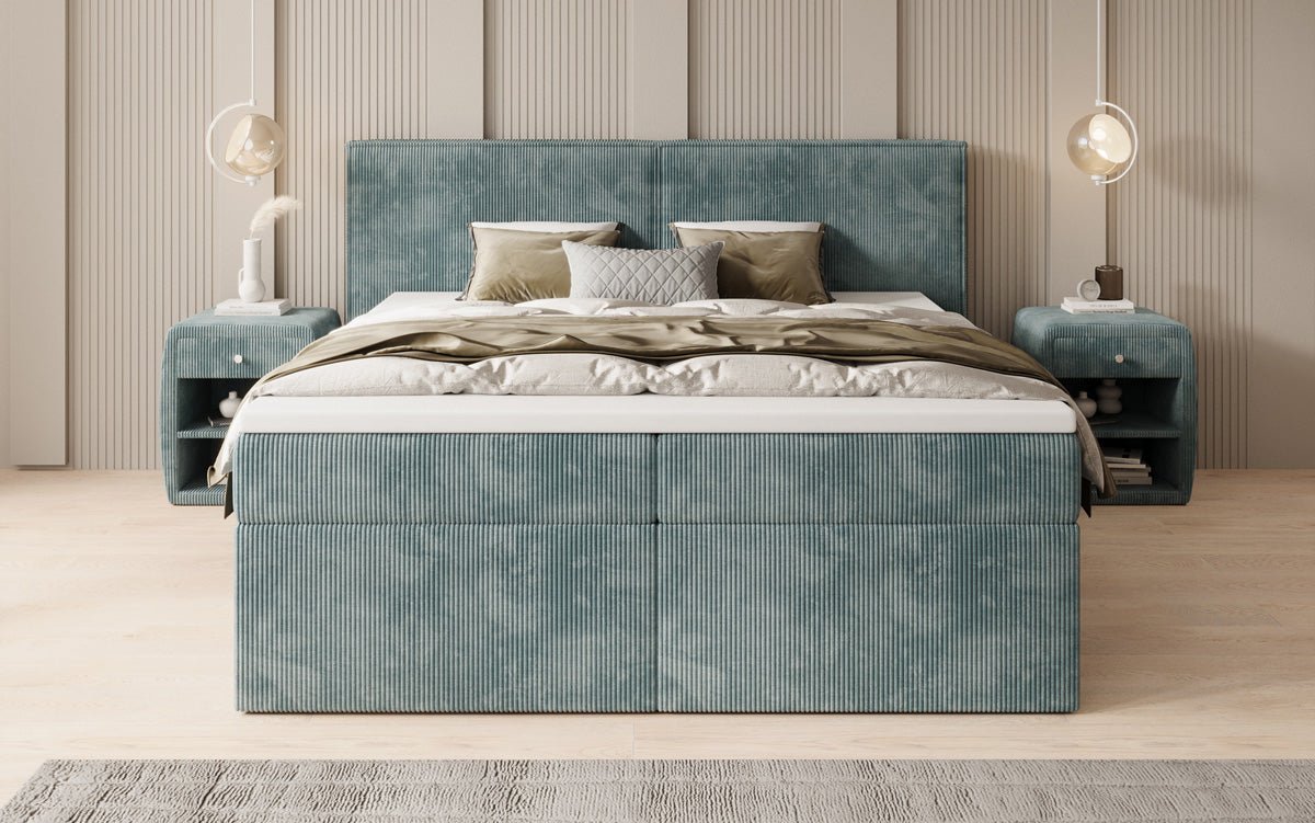 Lit boxspring Ophelia avec tiroirs en côtelé