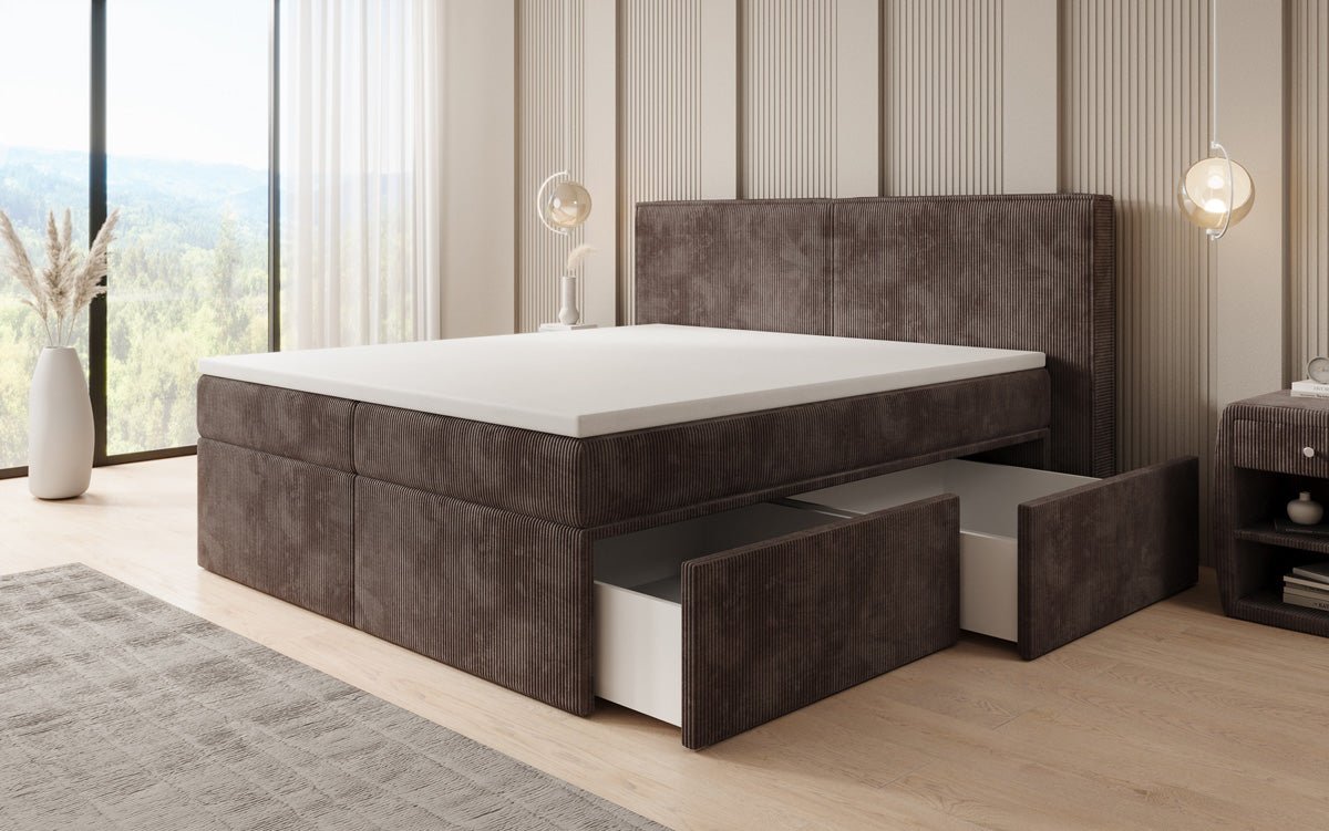 Lit boxspring Ophelia avec tiroirs en côtelé