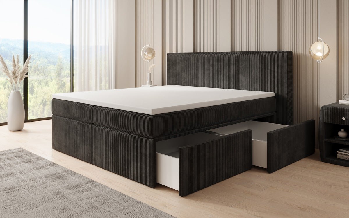 Lit boxspring Ophelia avec tiroirs en côtelé