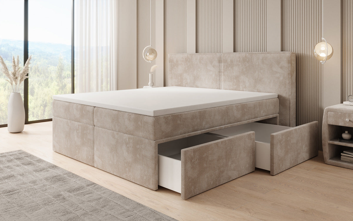 Lit boxspring Ophelia avec tiroirs en côtelé