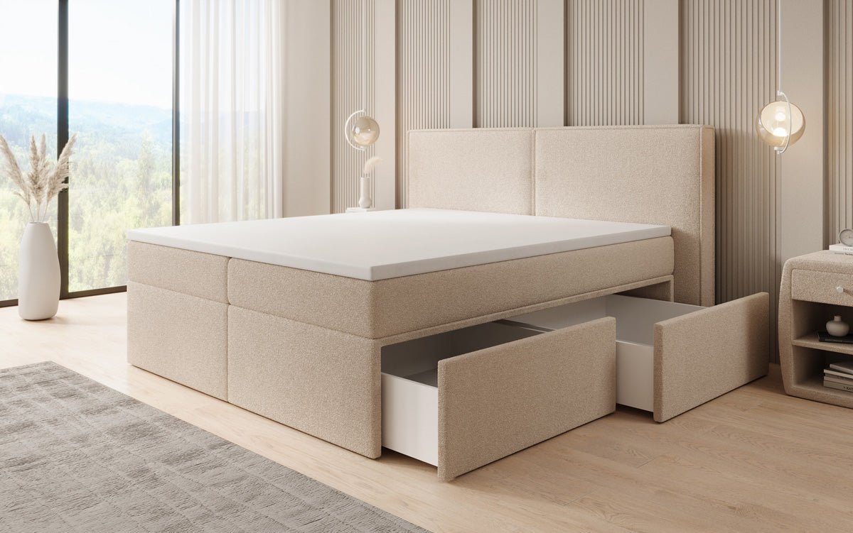 Lit boxspring Ophelia avec tiroirs en Peluche Bouclé