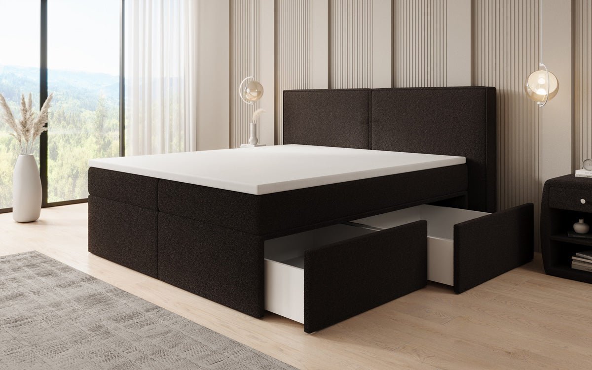 Lit boxspring Ophelia avec tiroirs en Peluche Bouclé