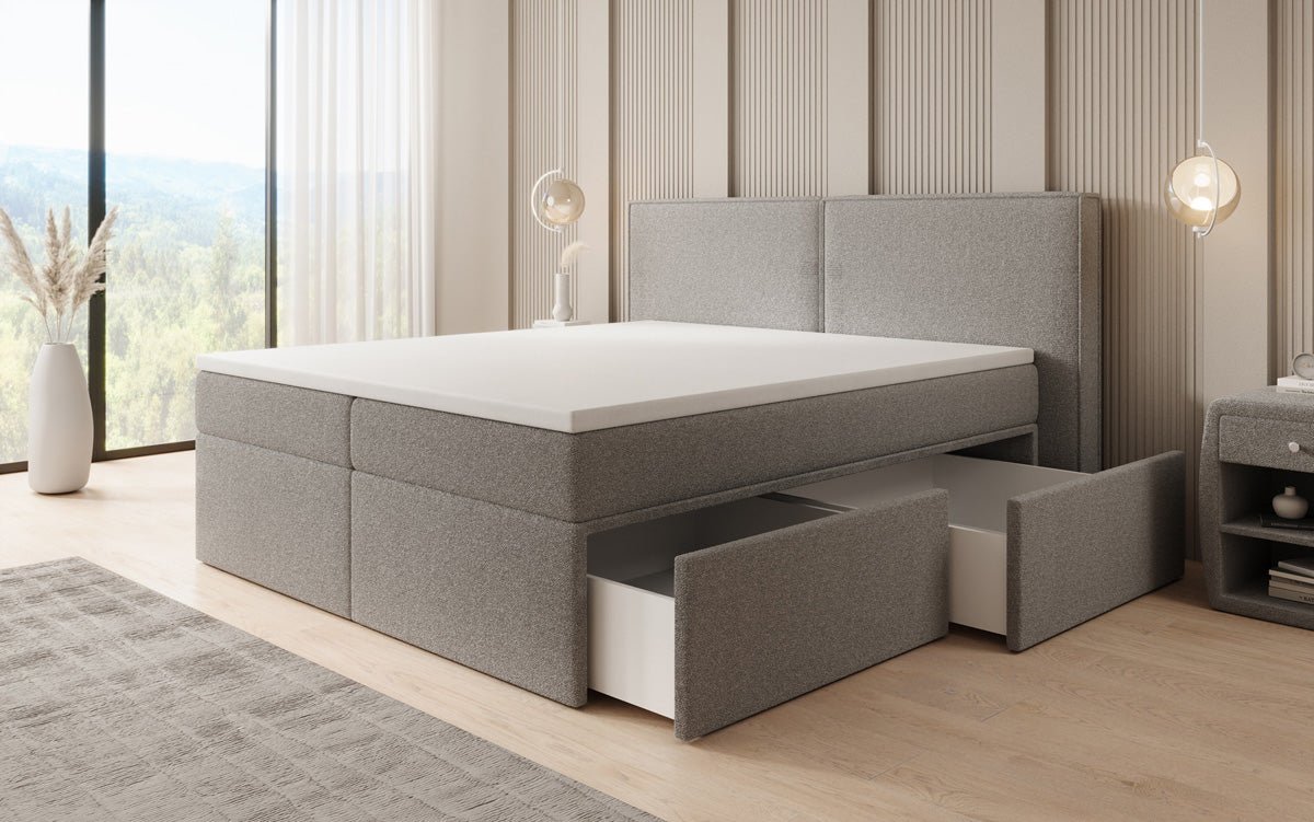 Lit boxspring Ophelia avec tiroirs en Peluche Bouclé