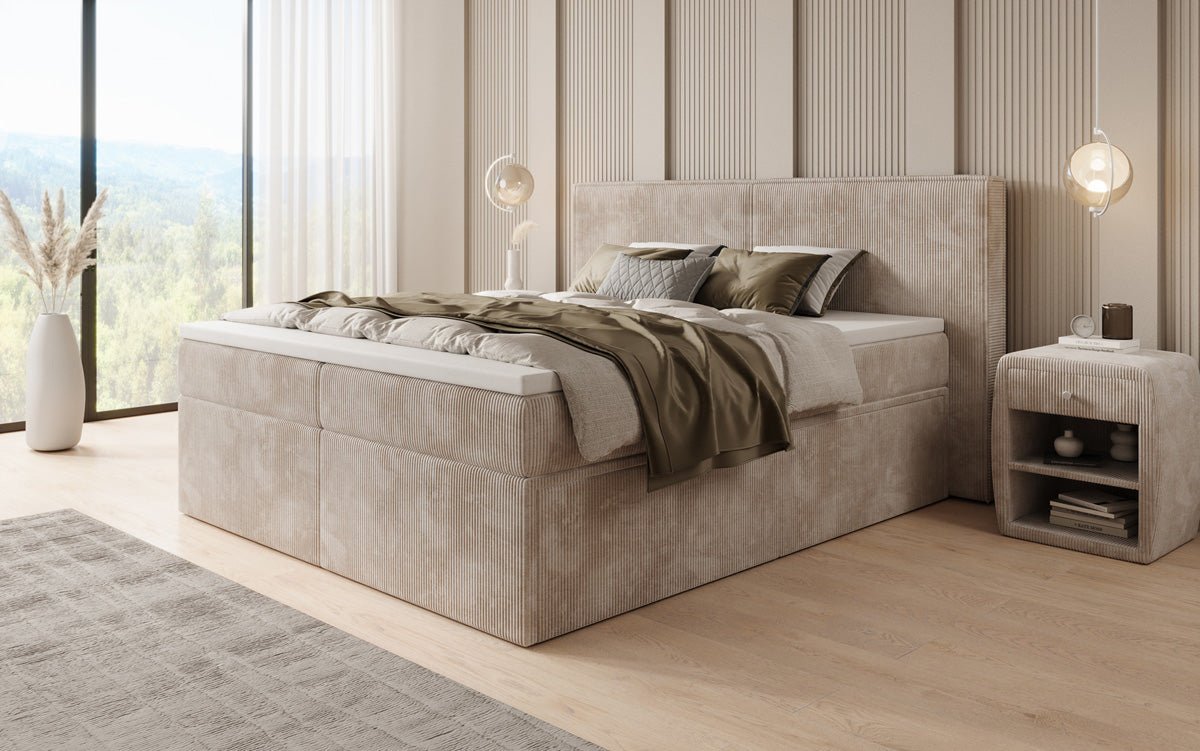 Lit boxspring Ophelia avec tiroirs en côtelé