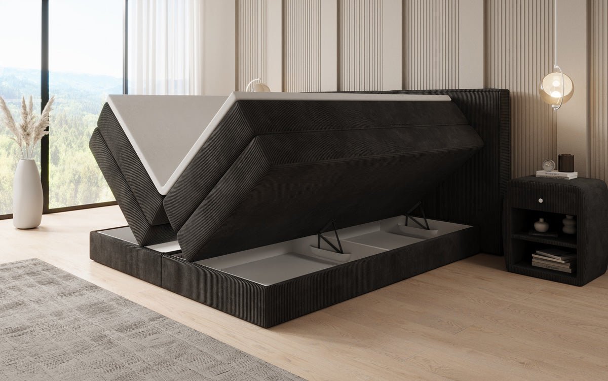 Lit boxspring Ophelia avec rangement relevable en côtelé