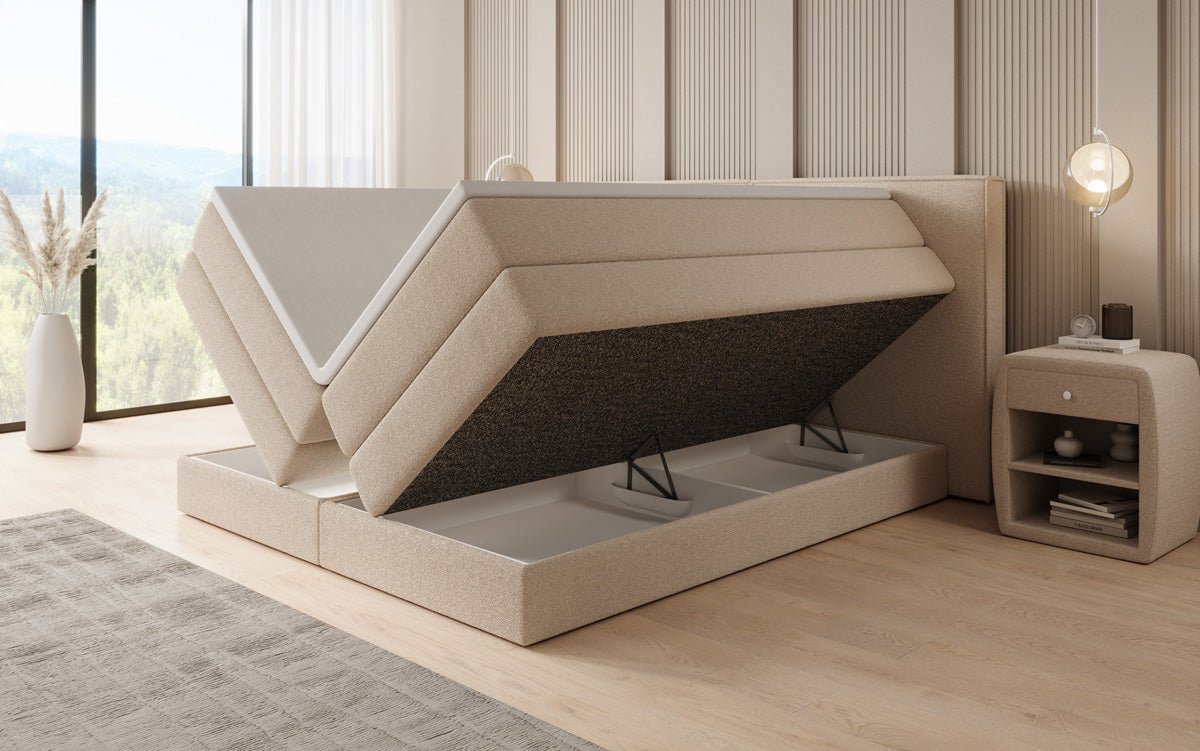 Boxspringbett Ophelia mit hochklappbarem Stauraum in Teddy Bouclé