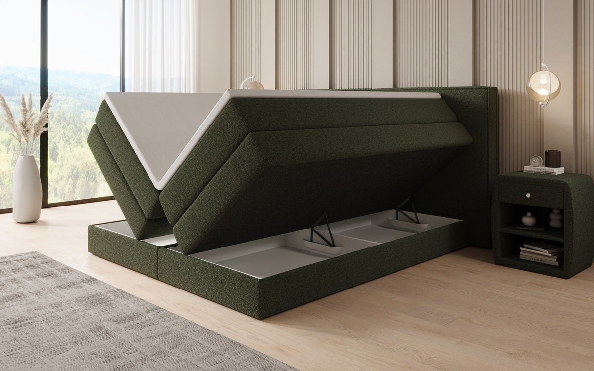 Boxspringbett Ophelia mit hochklappbarem Stauraum in Teddy Bouclé