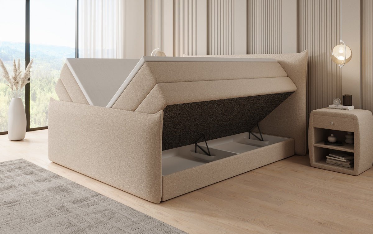 Lit boxspring Liana II avec rangement relevable en Peluche Bouclé