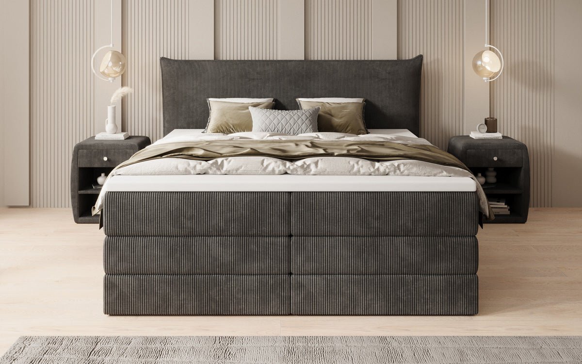 Lit boxspring Liana avec rangement relevable en côtelé