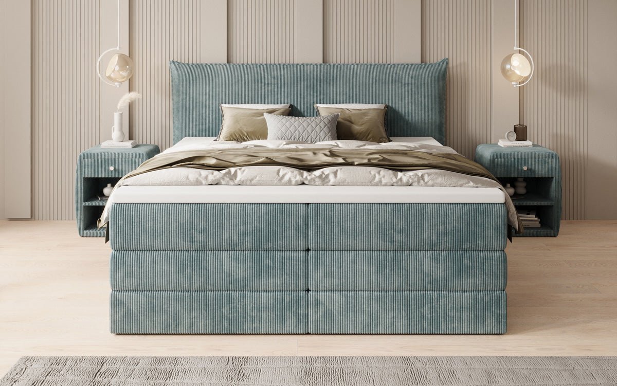 Lit boxspring Liana avec rangement relevable en côtelé