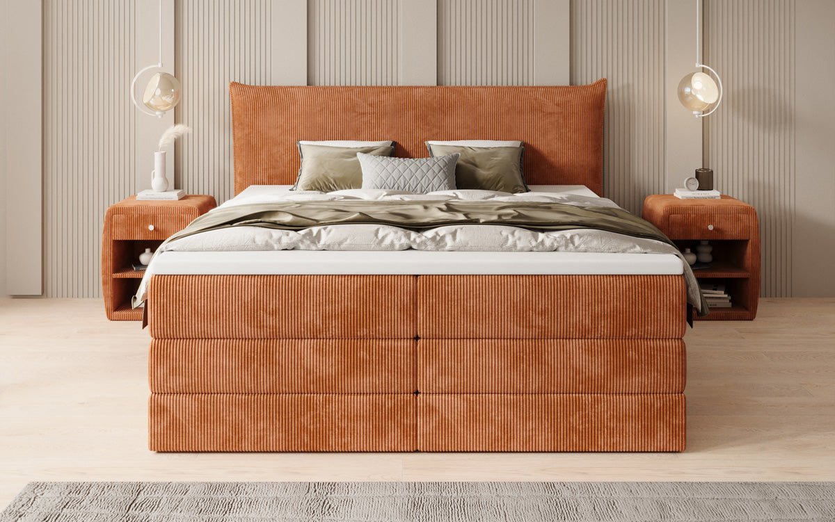 Lit boxspring Liana avec rangement relevable en côtelé