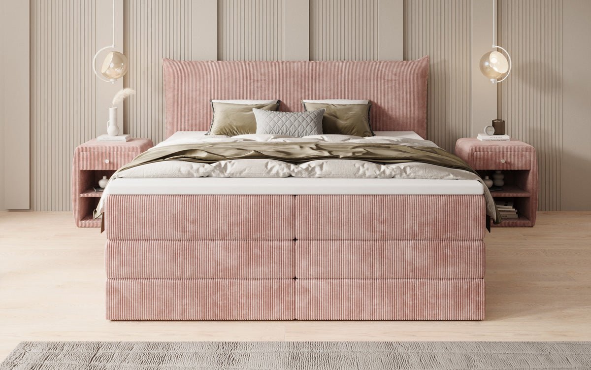 Lit boxspring Liana avec rangement relevable en côtelé