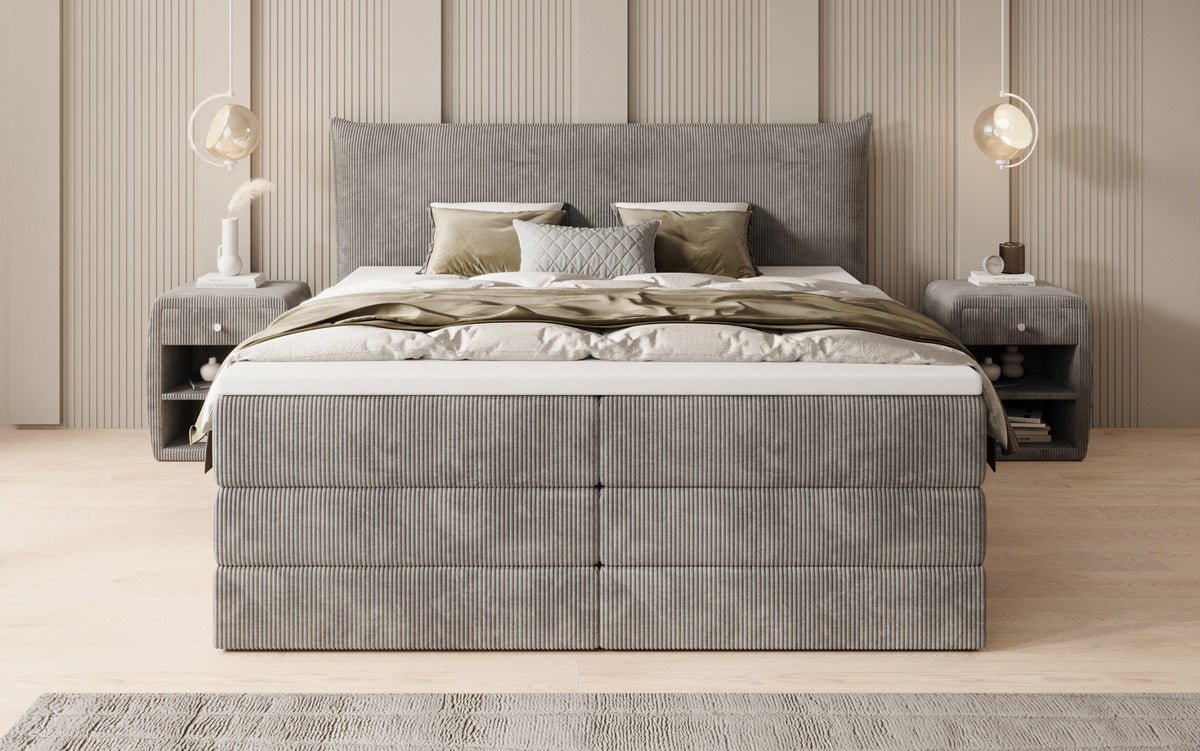 Lit boxspring Liana avec rangement relevable en côtelé