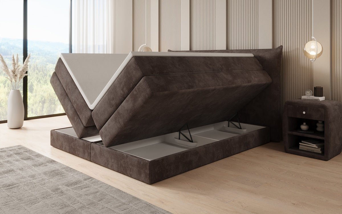 Lit boxspring Liana avec rangement relevable en côtelé