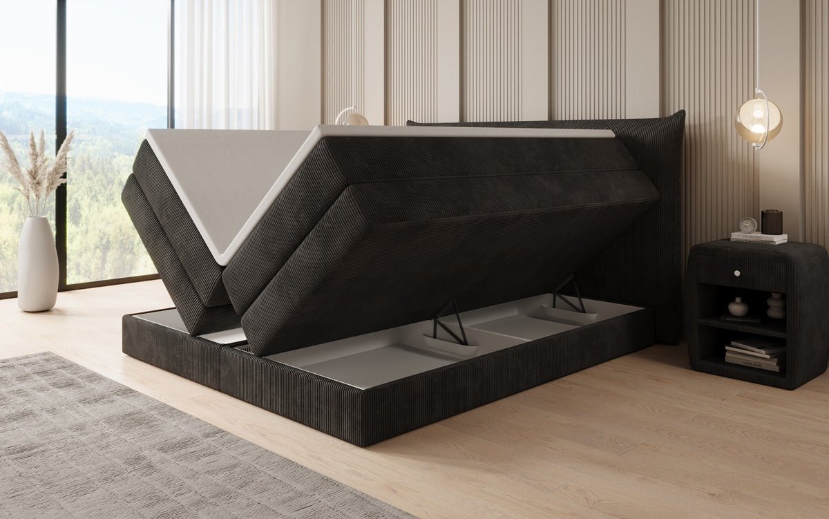 Lit boxspring Liana avec rangement relevable en côtelé