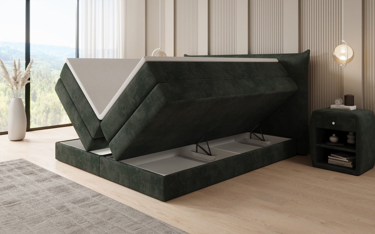 Lit boxspring Liana avec rangement relevable en côtelé